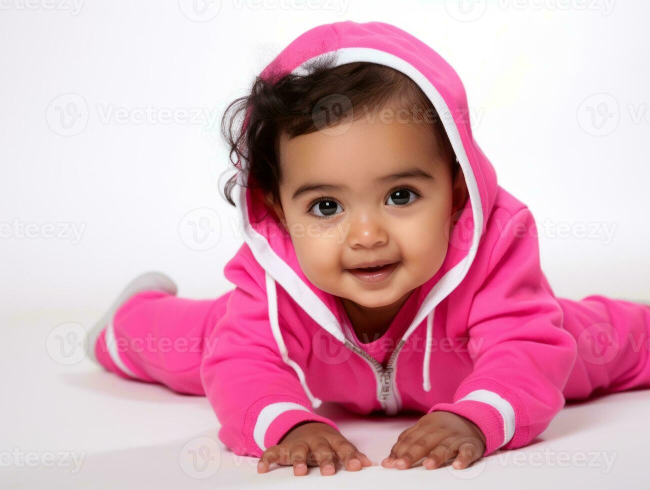 Adorable baby with vibrant clothing in a playful pose AI Generative photo