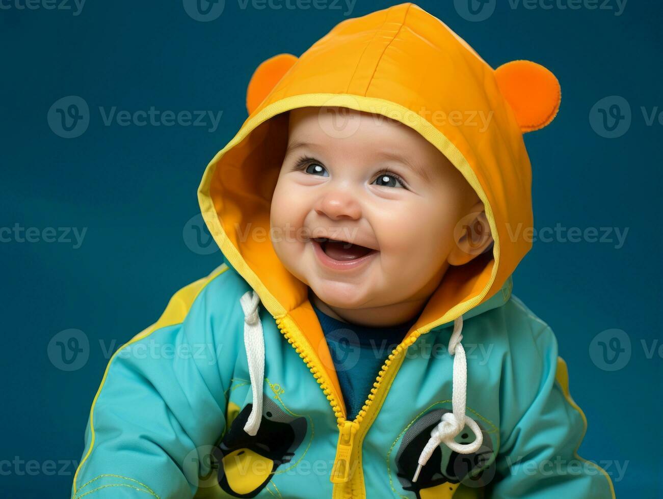 Adorable baby with vibrant clothing in a playful pose AI Generative photo