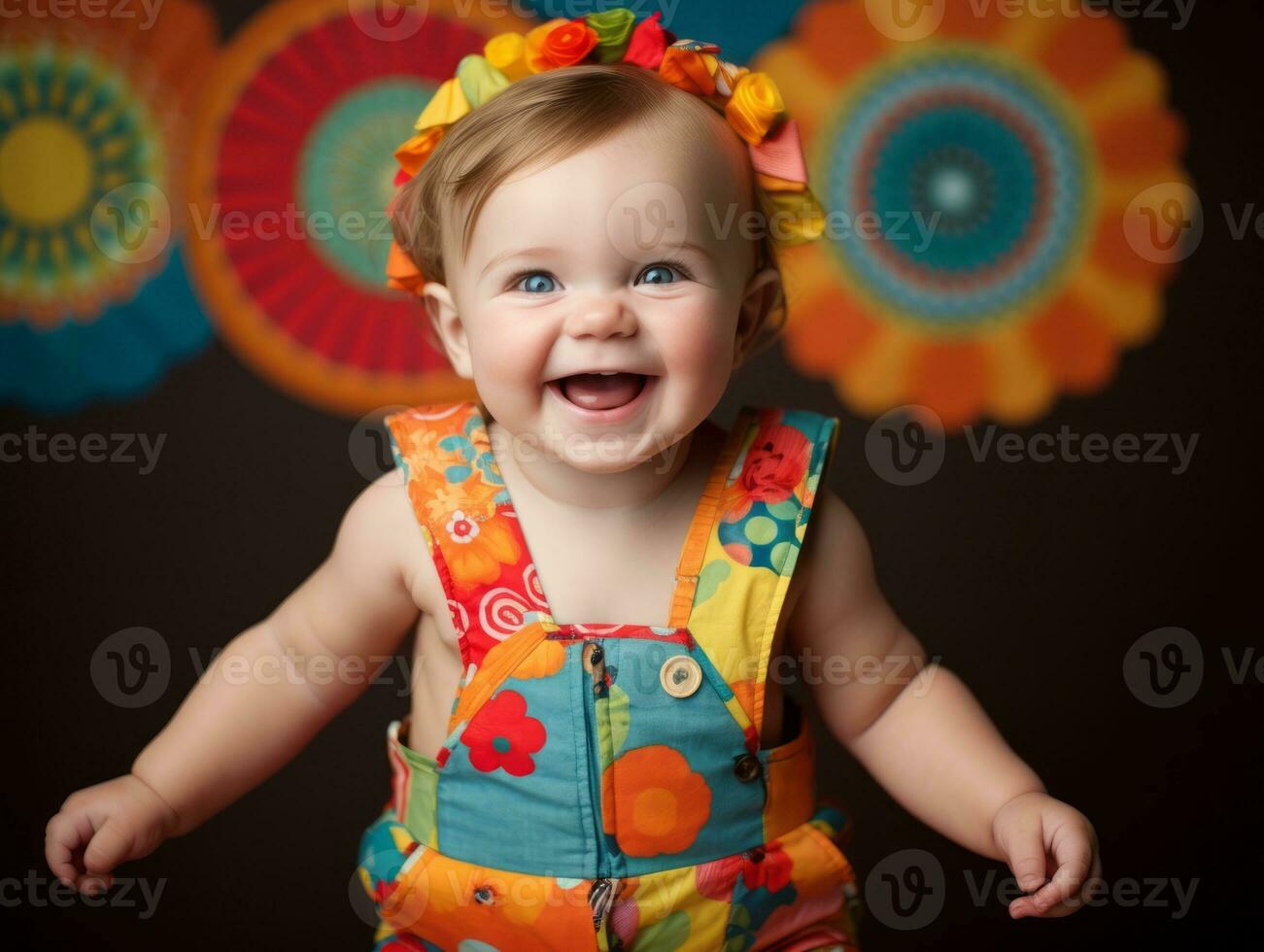 Adorable baby with vibrant clothing in a playful pose AI Generative photo