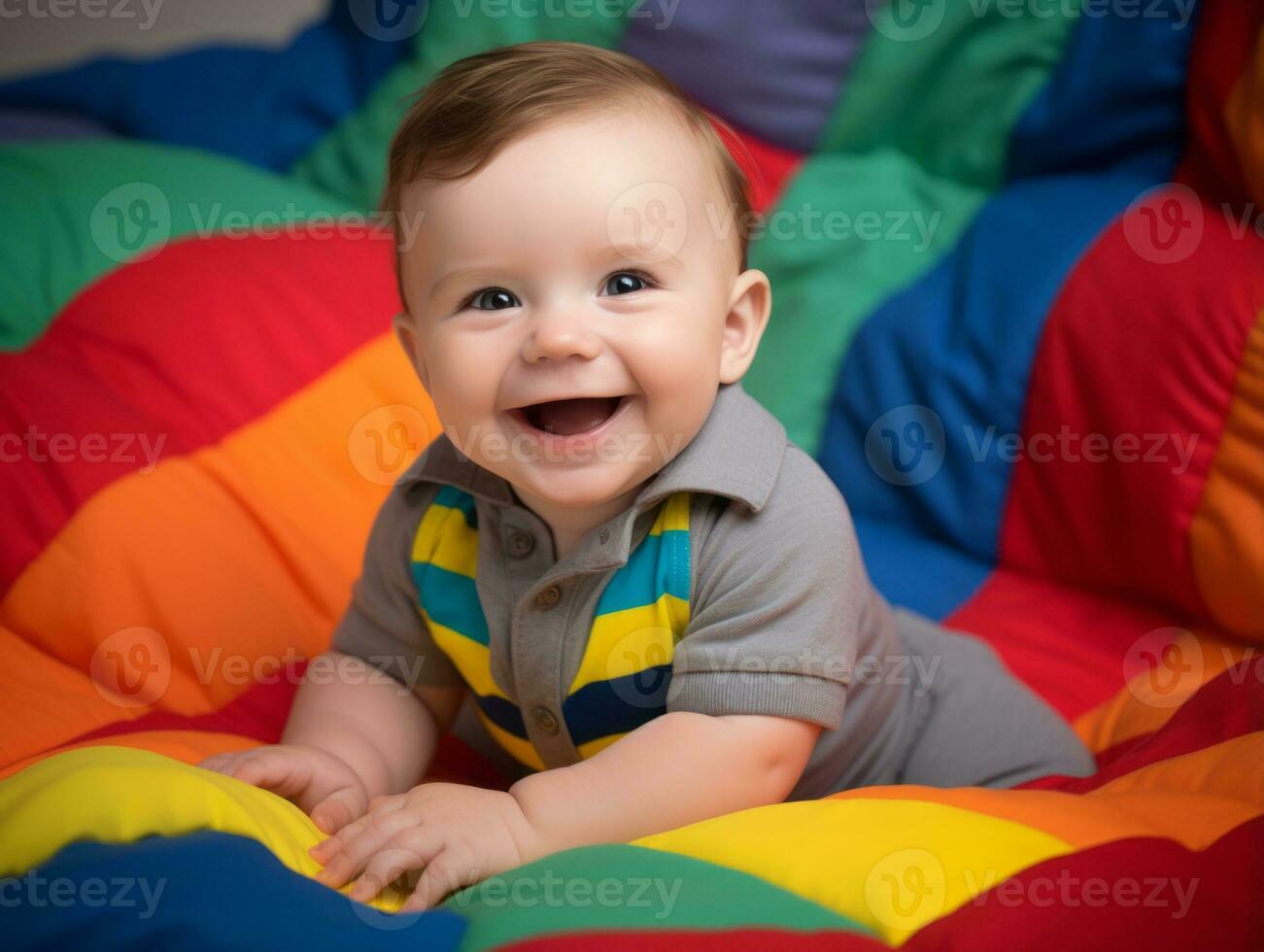 adorable bebé con vibrante ropa en un juguetón actitud ai generativo foto