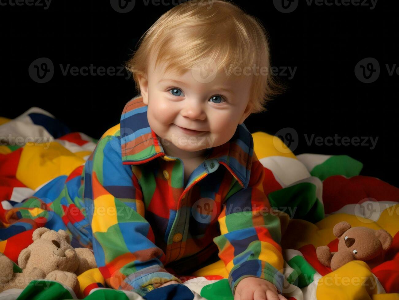 adorable bebé con vibrante ropa en un juguetón actitud ai generativo foto