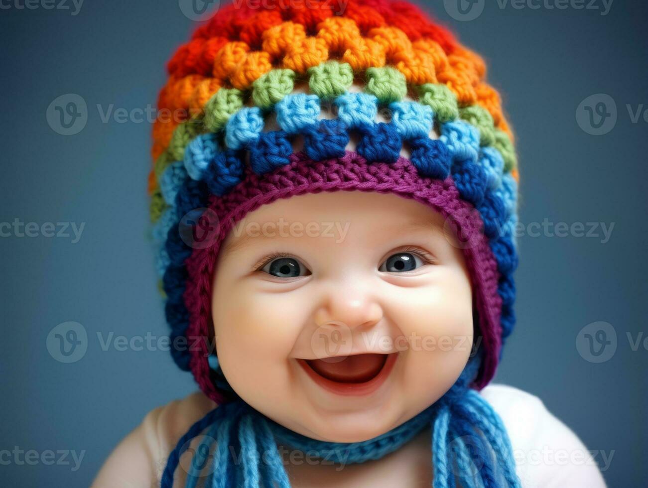 Adorable baby with vibrant clothing in a playful pose AI Generative photo