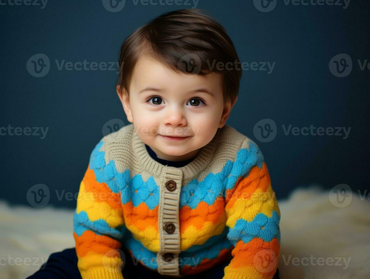 Adorable baby with vibrant clothing in a playful pose AI Generative photo