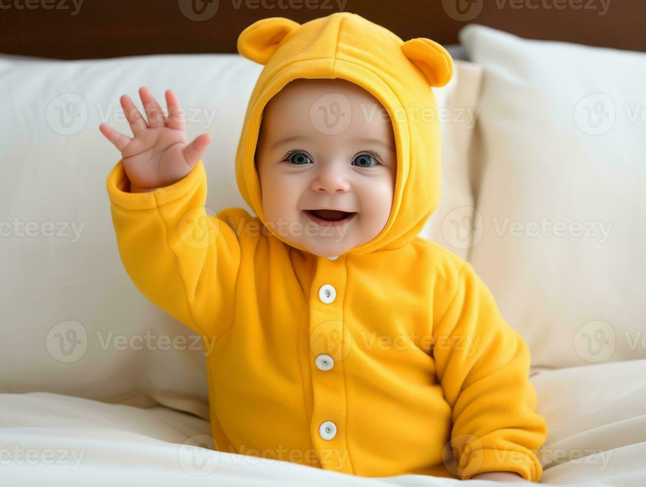 Adorable baby with vibrant clothing in a playful pose AI Generative photo