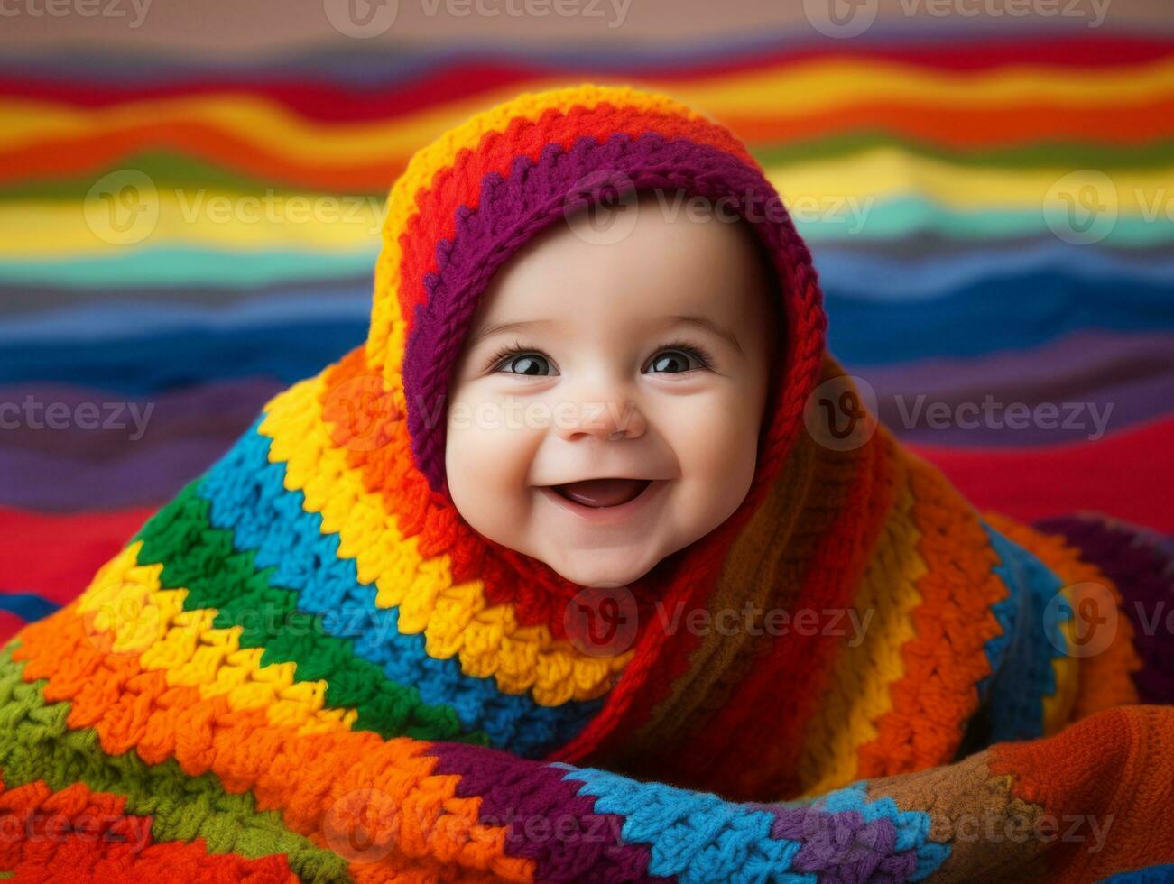 Adorable baby with vibrant clothing in a playful pose AI Generative photo