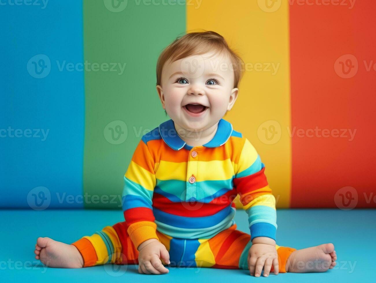 Adorable baby with vibrant clothing in a playful pose AI Generative photo