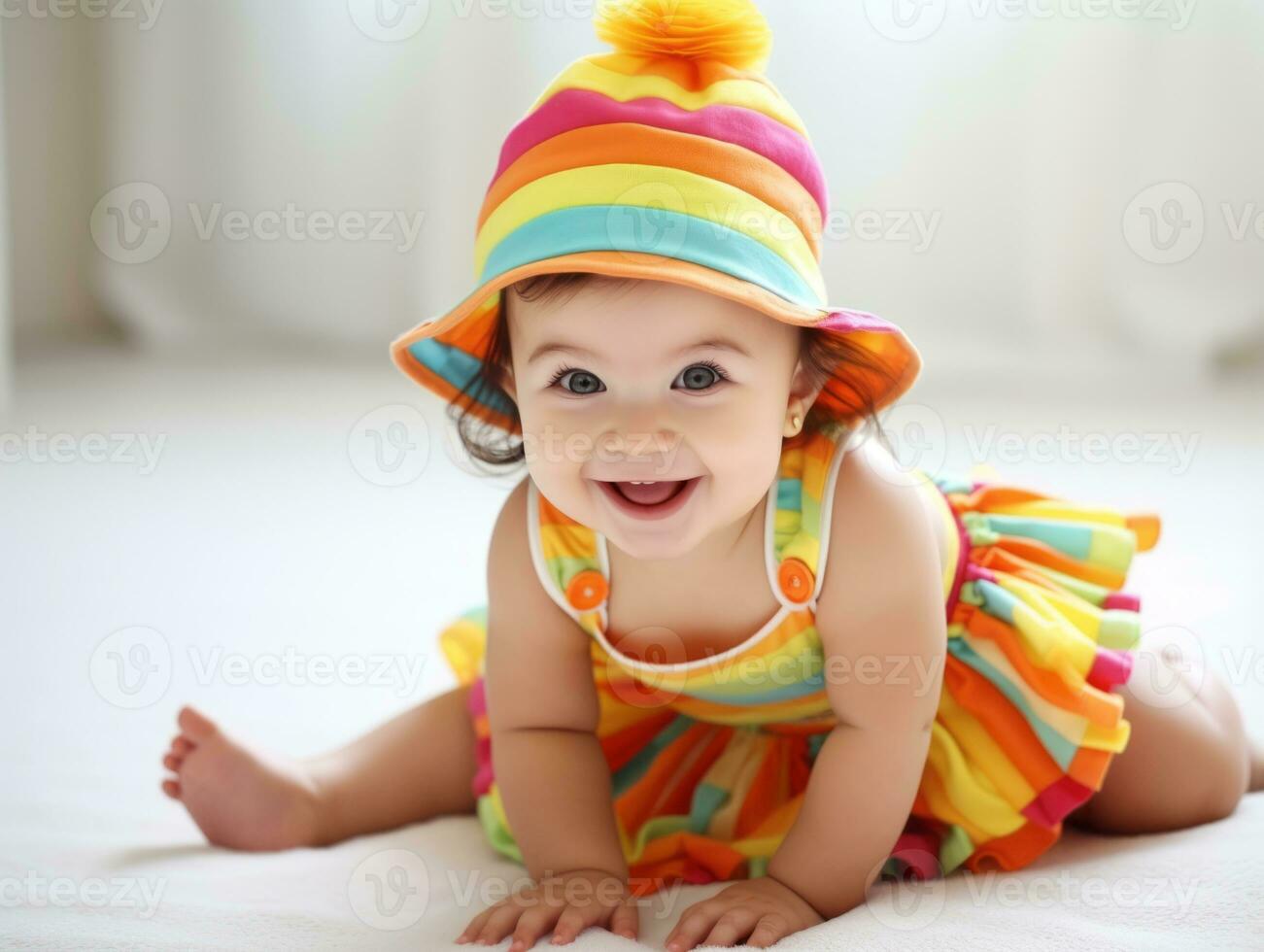 Adorable baby with vibrant clothing in a playful pose AI Generative photo