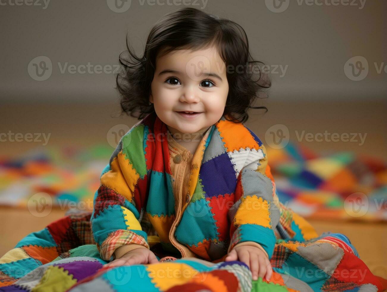 adorable bebé con vibrante ropa en un juguetón actitud ai generativo foto