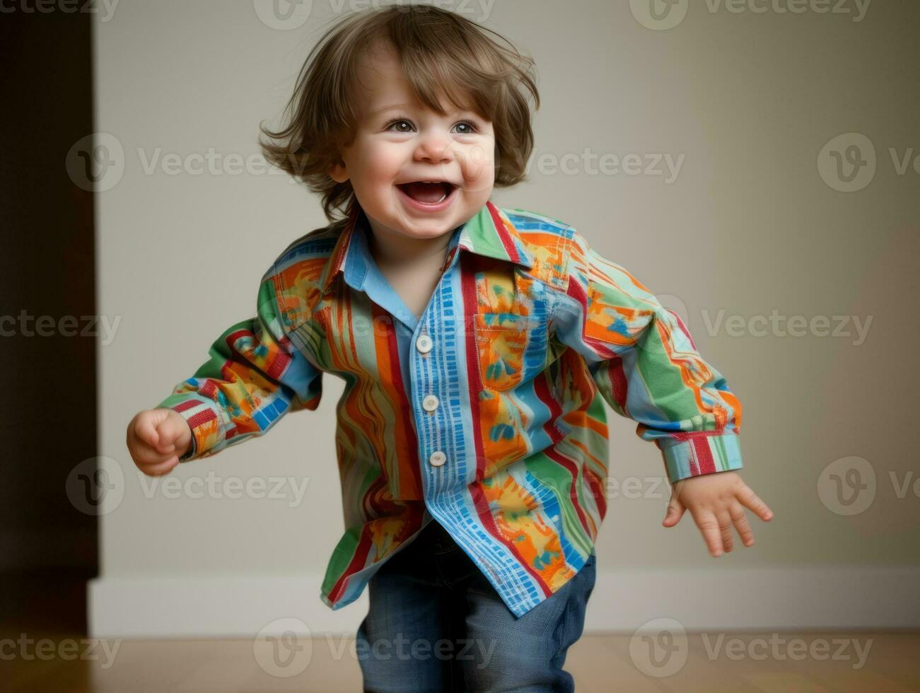 Adorable baby with vibrant clothing in a playful pose AI Generative photo