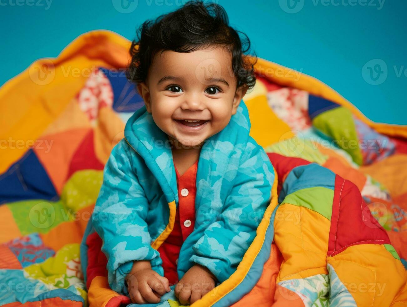 Adorable baby with vibrant clothing in a playful pose AI Generative photo