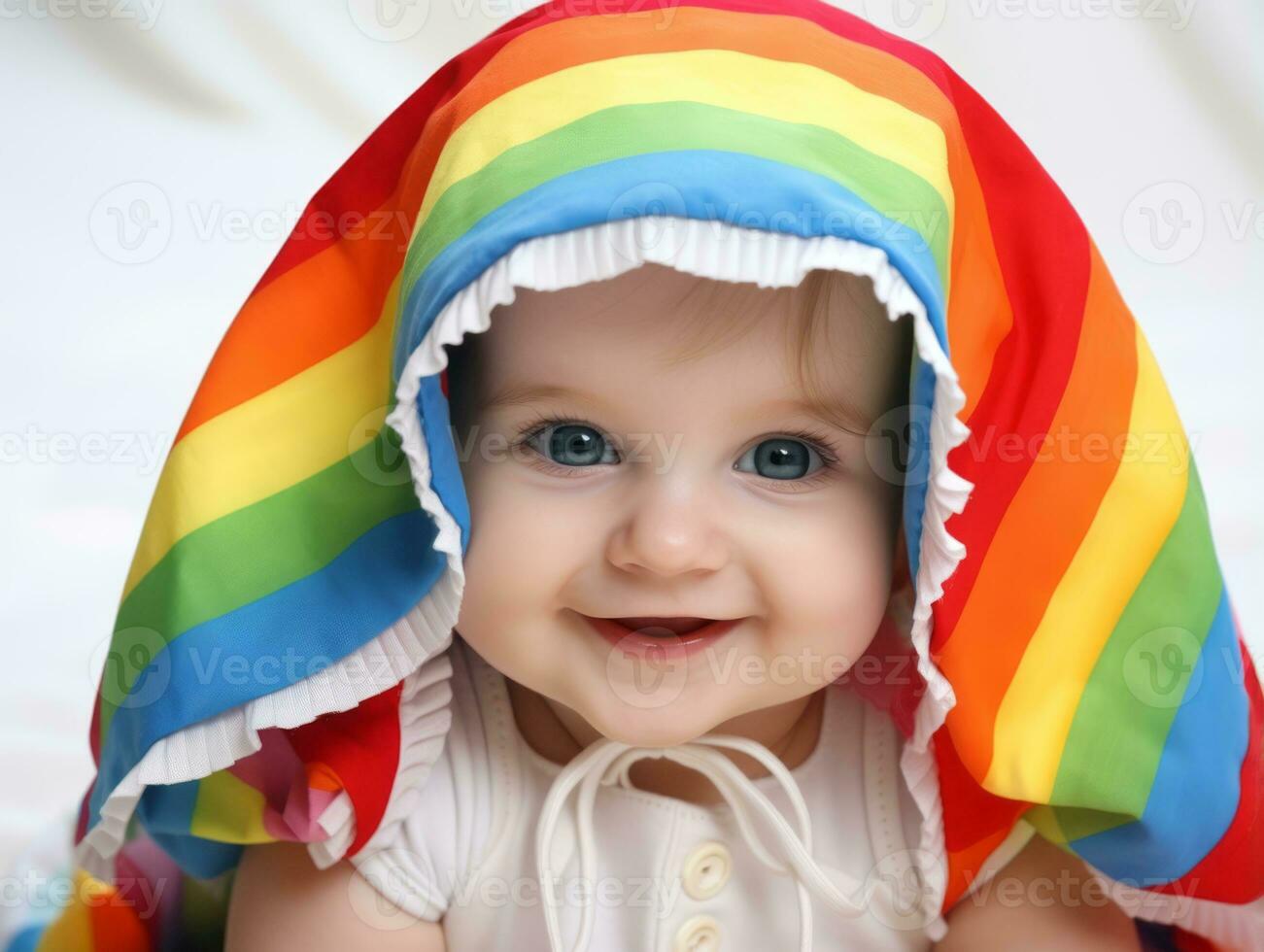 Adorable baby with vibrant clothing in a playful pose AI Generative photo