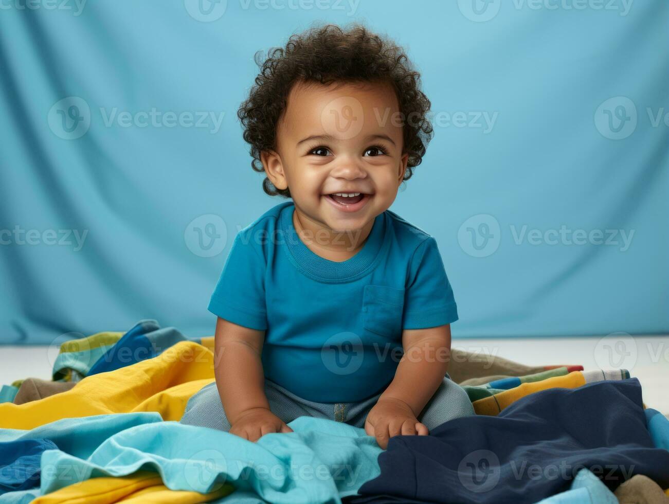 Adorable baby with vibrant clothing in a playful pose AI Generative photo