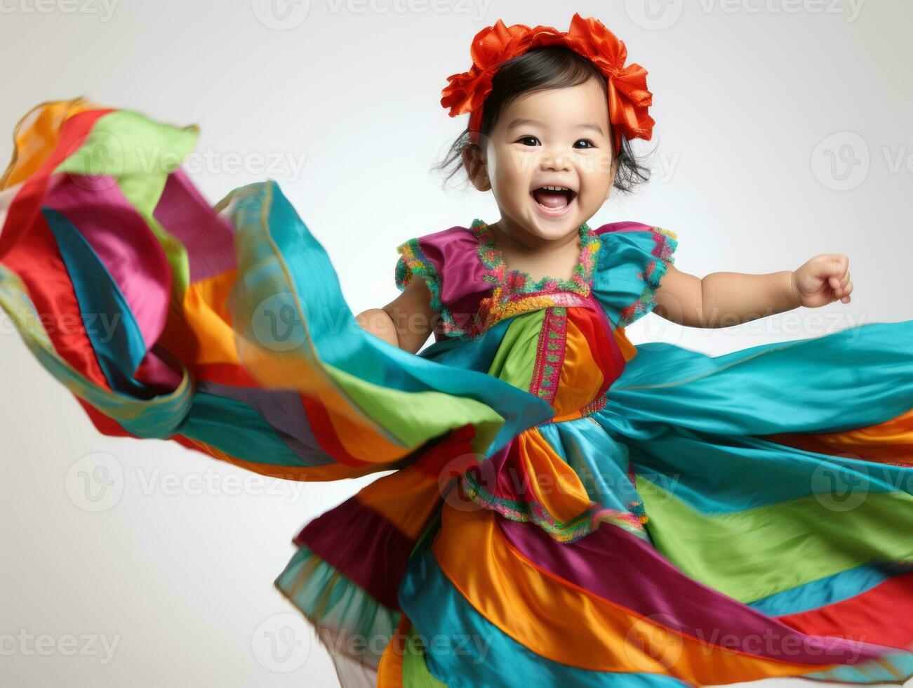 Adorable baby with vibrant clothing in a playful pose AI Generative photo