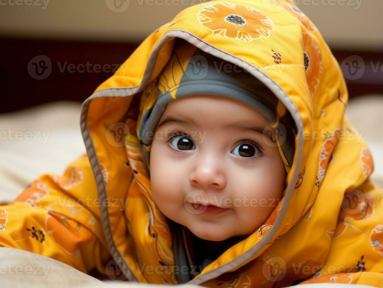 adorable bebé con vibrante ropa en un juguetón actitud ai generativo foto