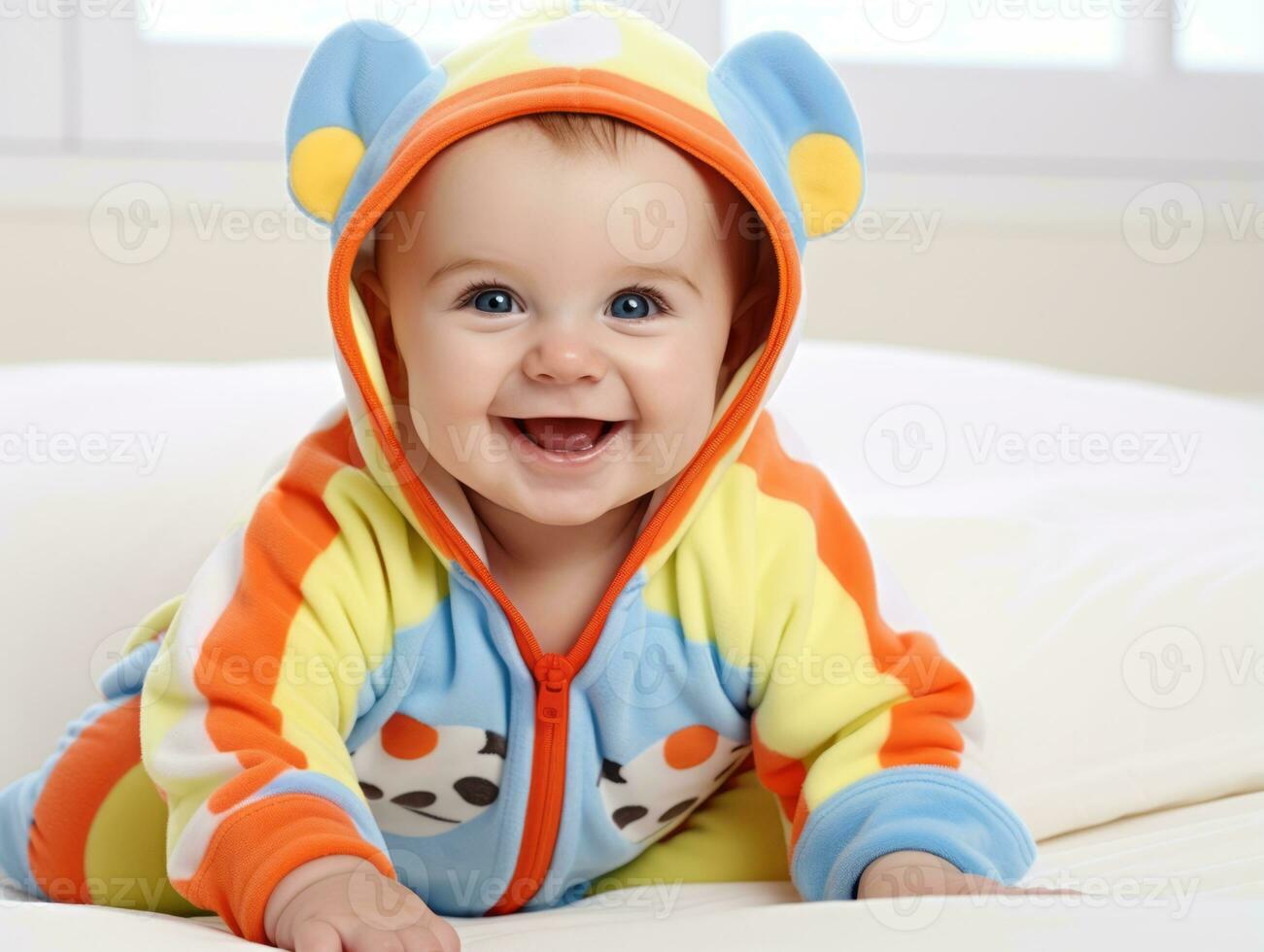 Adorable baby with vibrant clothing in a playful pose AI Generative photo