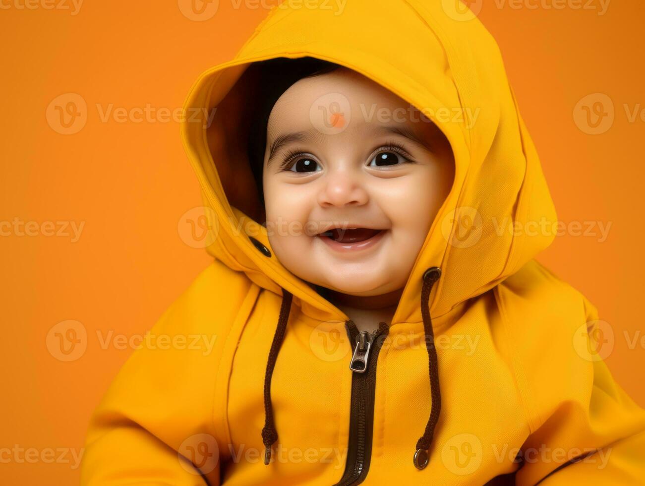 Adorable baby with vibrant clothing in a playful pose AI Generative photo
