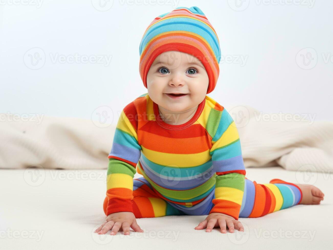 adorable bebé con vibrante ropa en un juguetón actitud ai generativo foto