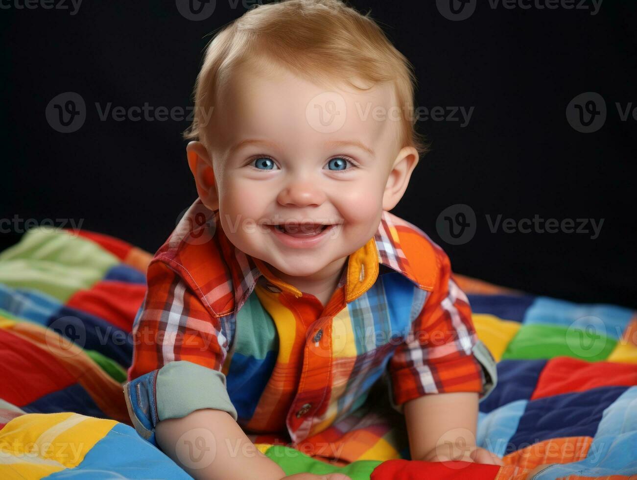 Adorable baby with vibrant clothing in a playful pose AI Generative photo
