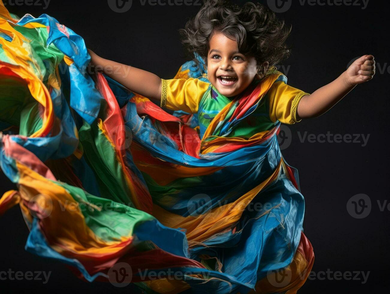 Adorable baby with vibrant clothing in a playful pose AI Generative photo