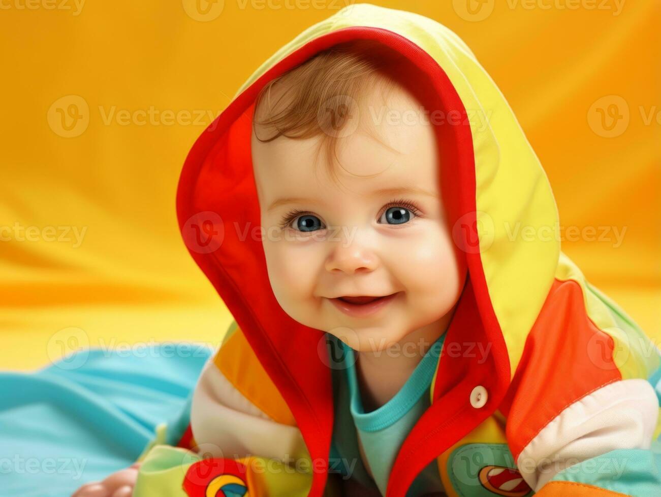 Adorable baby with vibrant clothing in a playful pose AI Generative photo