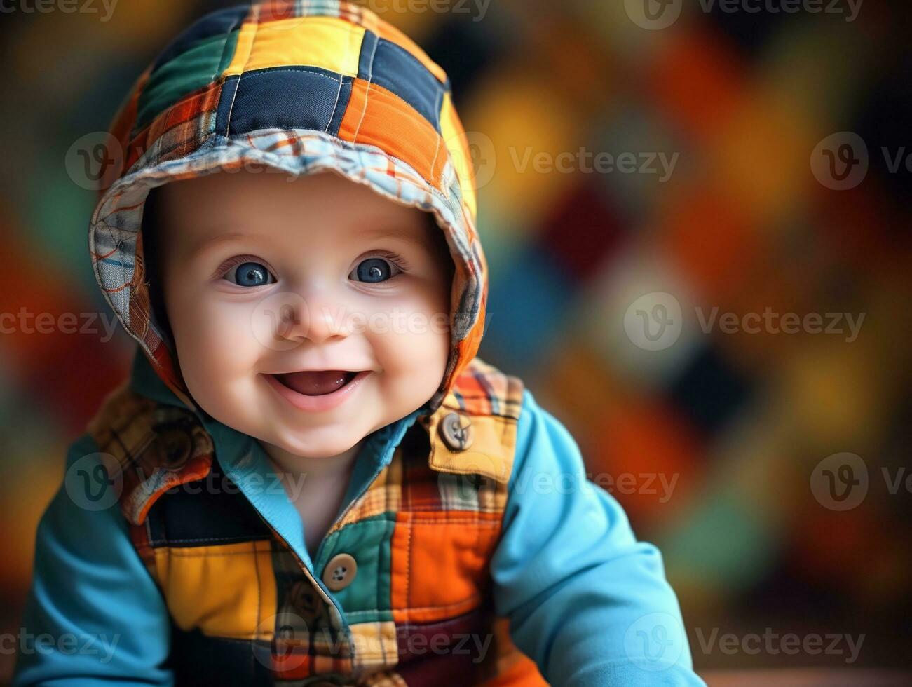 Adorable baby with vibrant clothing in a playful pose AI Generative photo