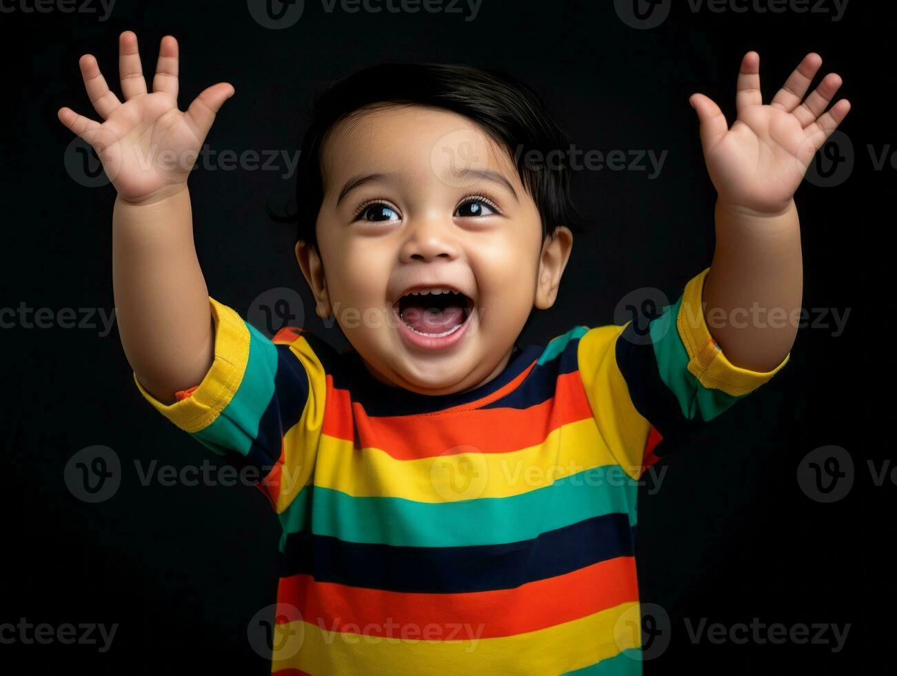 Adorable baby with vibrant clothing in a playful pose AI Generative photo