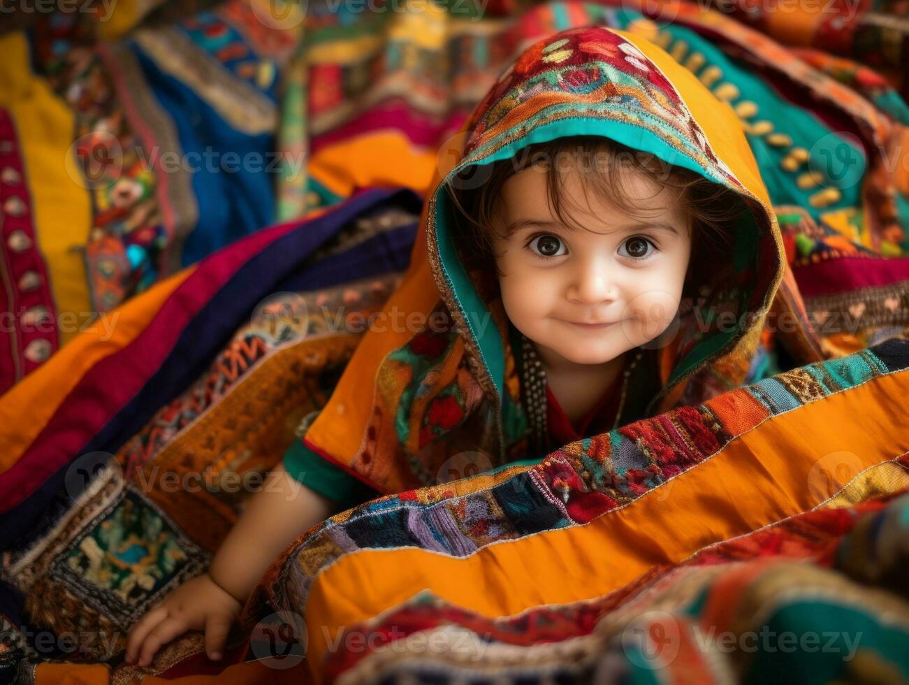 Adorable baby with vibrant clothing in a playful pose AI Generative photo
