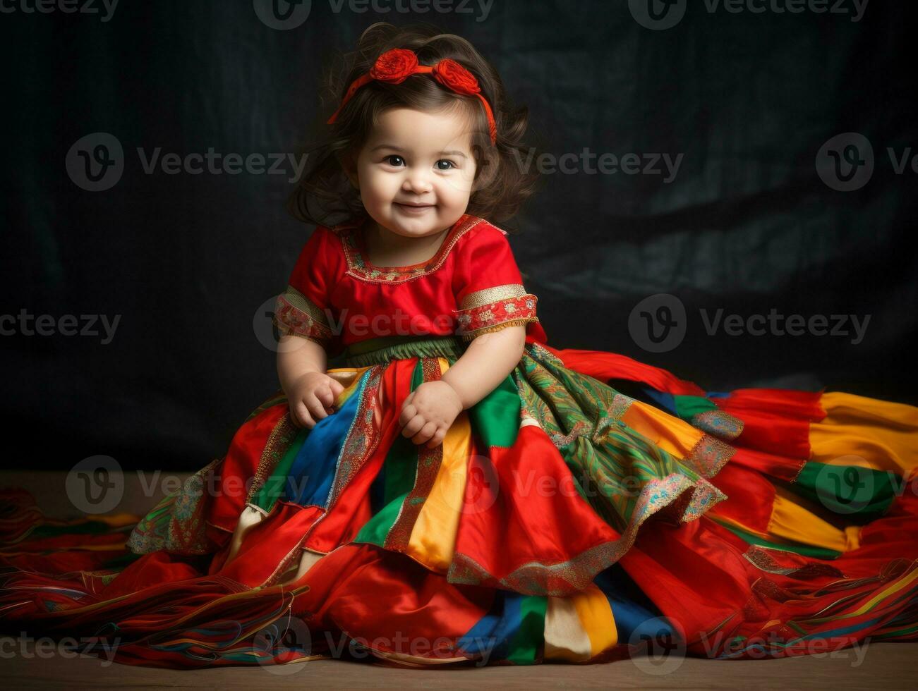 Adorable baby with vibrant clothing in a playful pose AI Generative photo