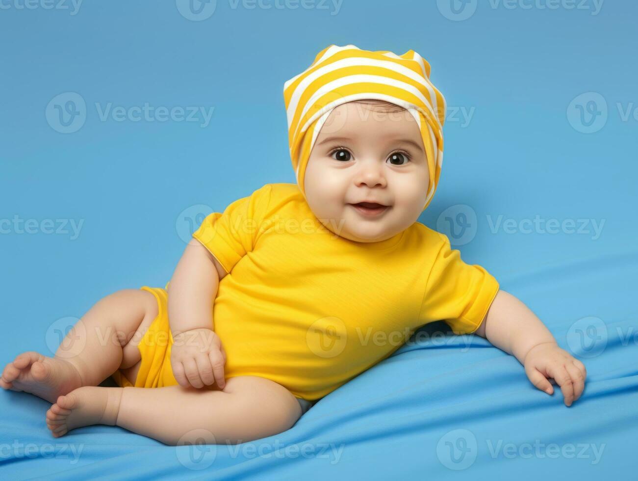 Adorable baby with vibrant clothing in a playful pose AI Generative photo