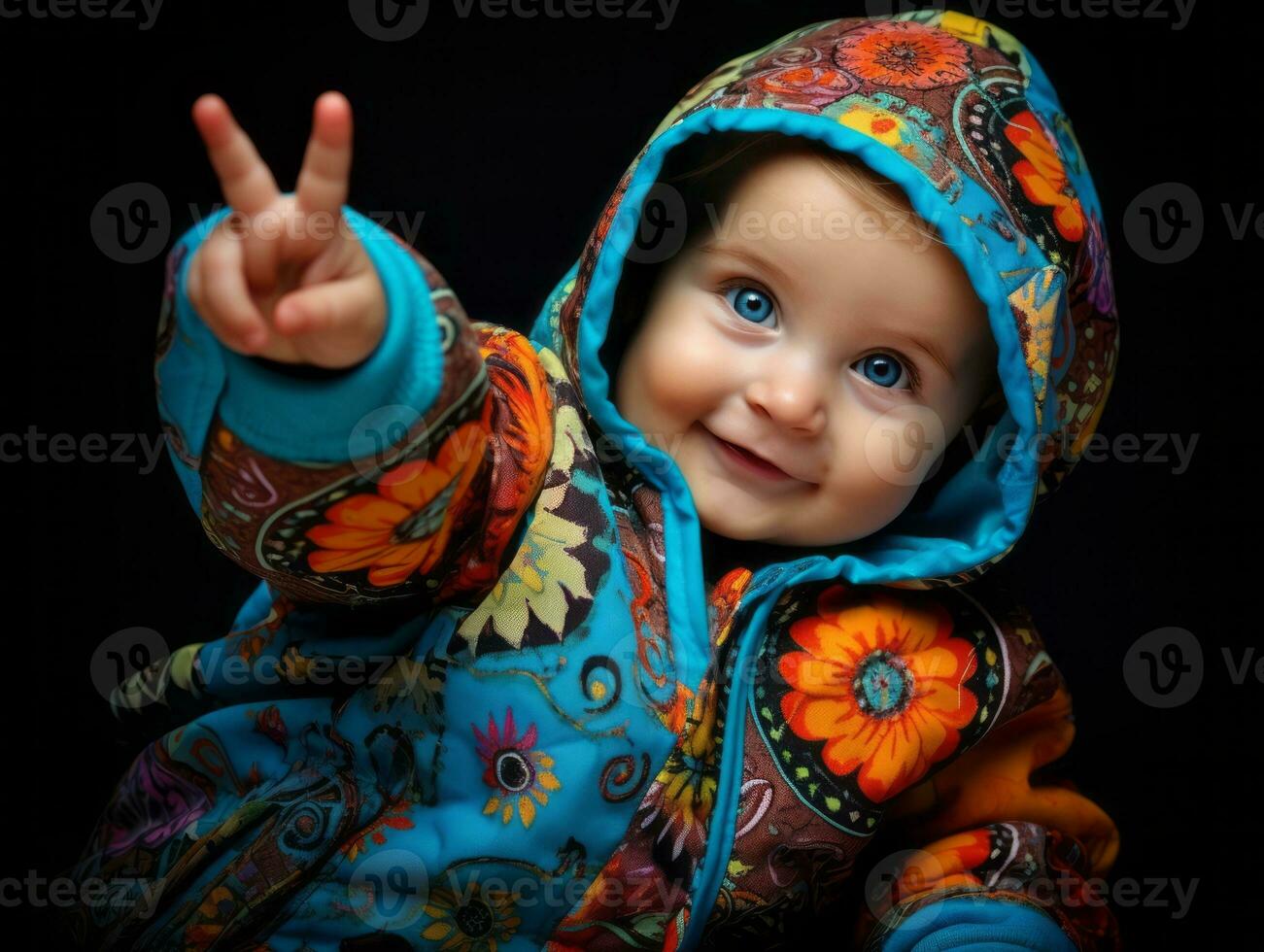 Adorable baby with vibrant clothing in a playful pose AI Generative photo