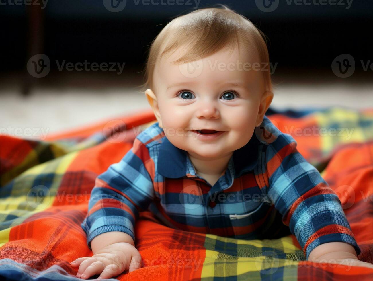 adorable bebé con vibrante ropa en un juguetón actitud ai generativo foto