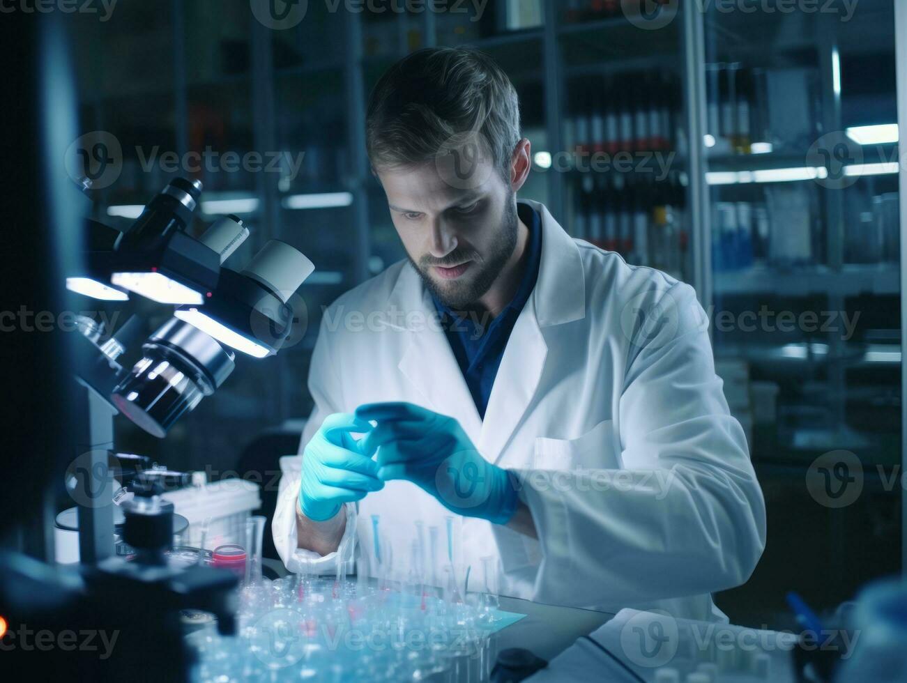 Male scientist conducting experiments in a high tech lab AI Generative photo