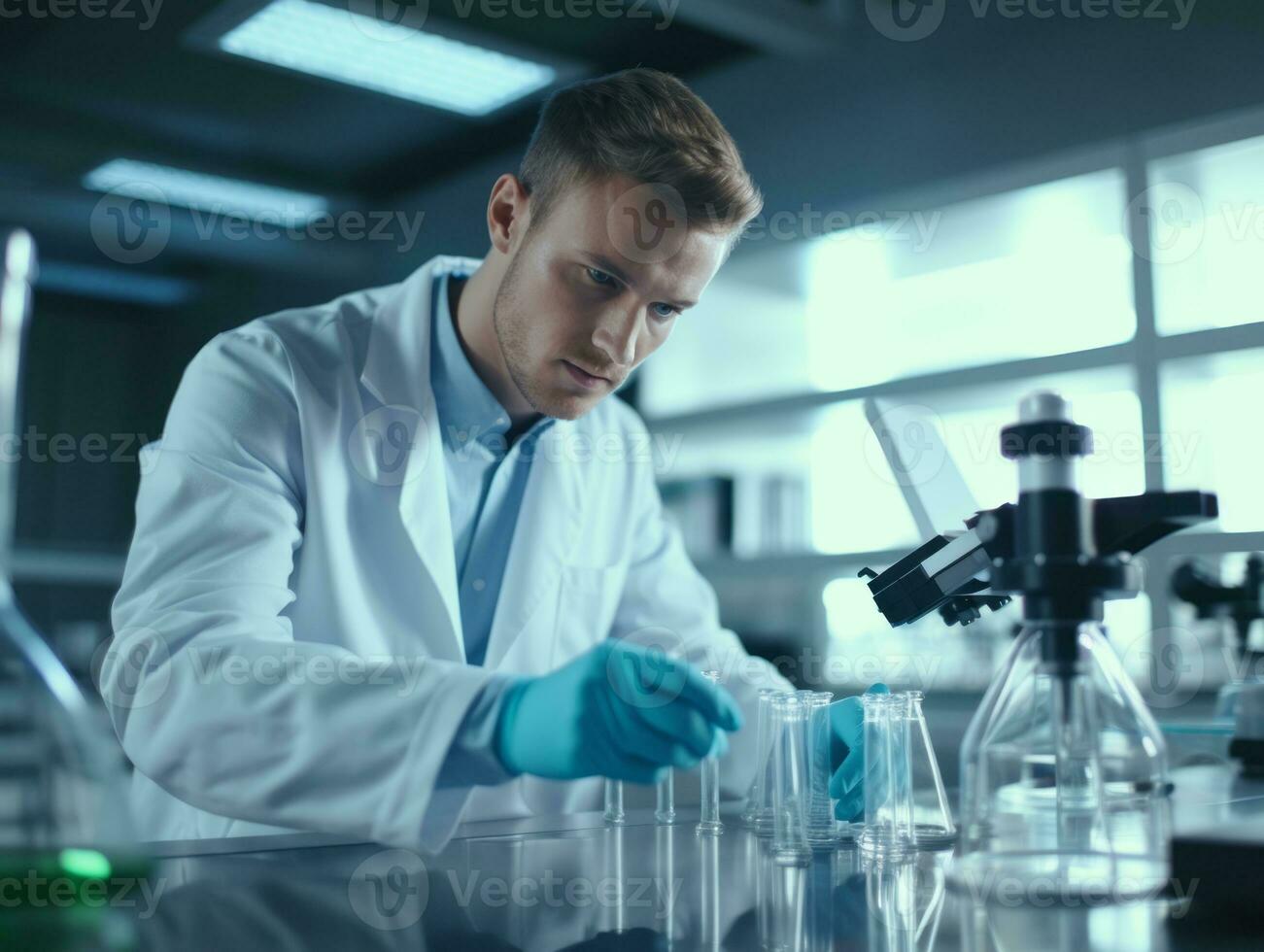 Male scientist conducting experiments in a high tech lab AI Generative photo