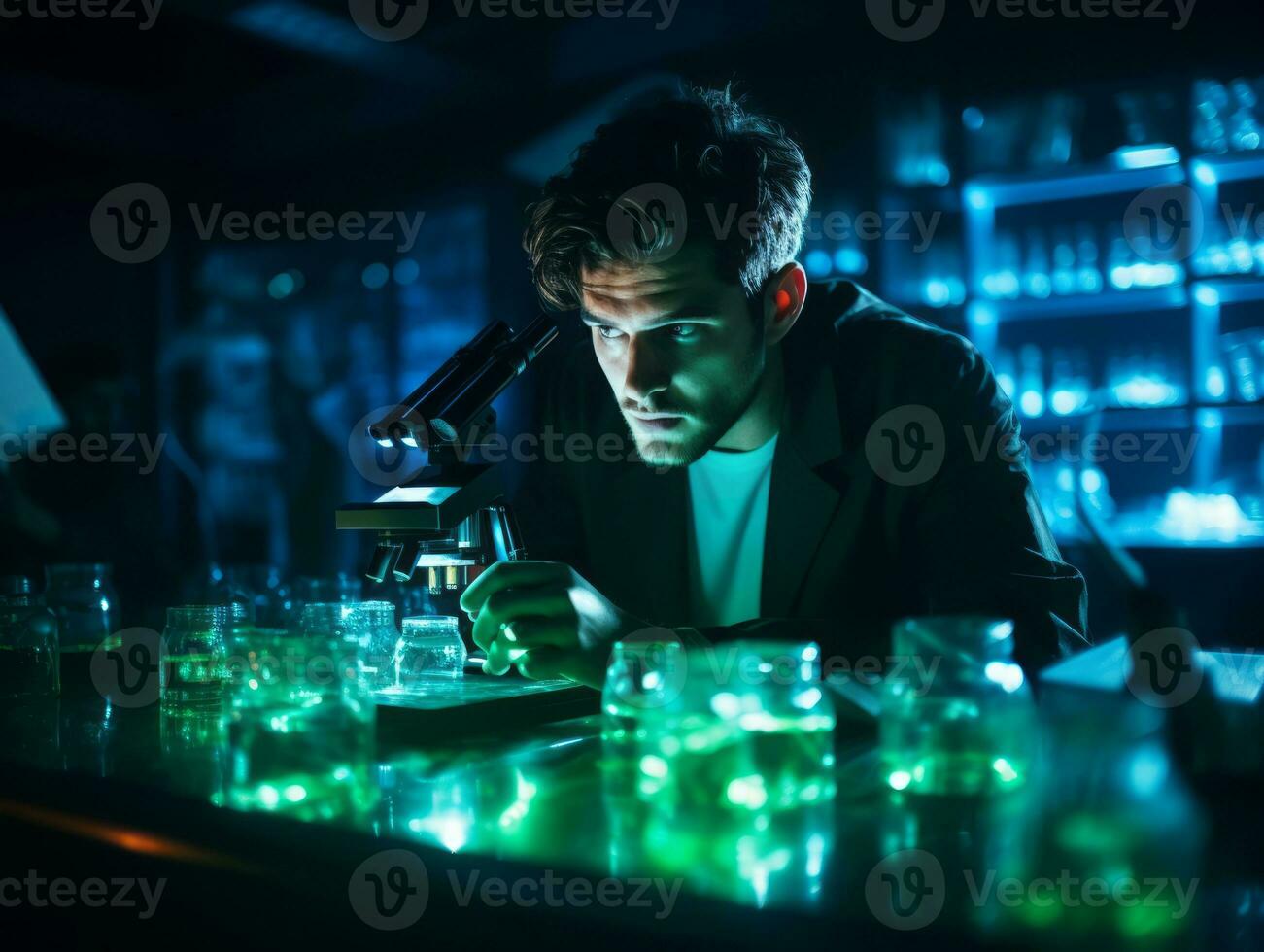 masculino científico conductible experimentos en un alto tecnología laboratorio ai generativo foto