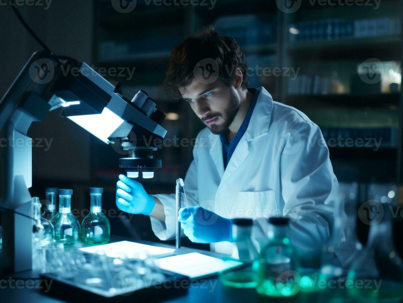 Male scientist conducting experiments in a high tech lab AI Generative photo