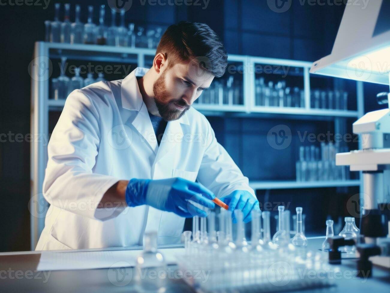 Male scientist conducting experiments in a high tech lab AI Generative photo