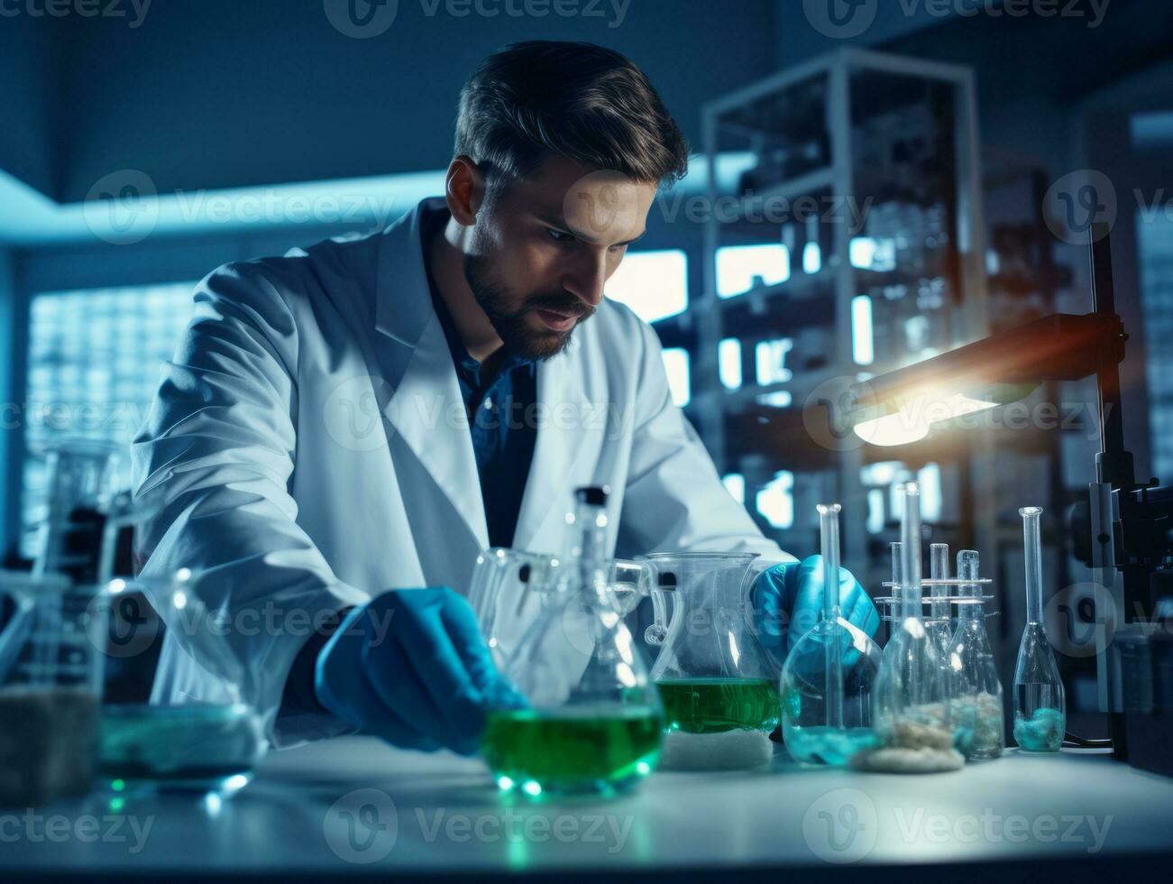 Male scientist conducting experiments in a high tech lab AI Generative photo