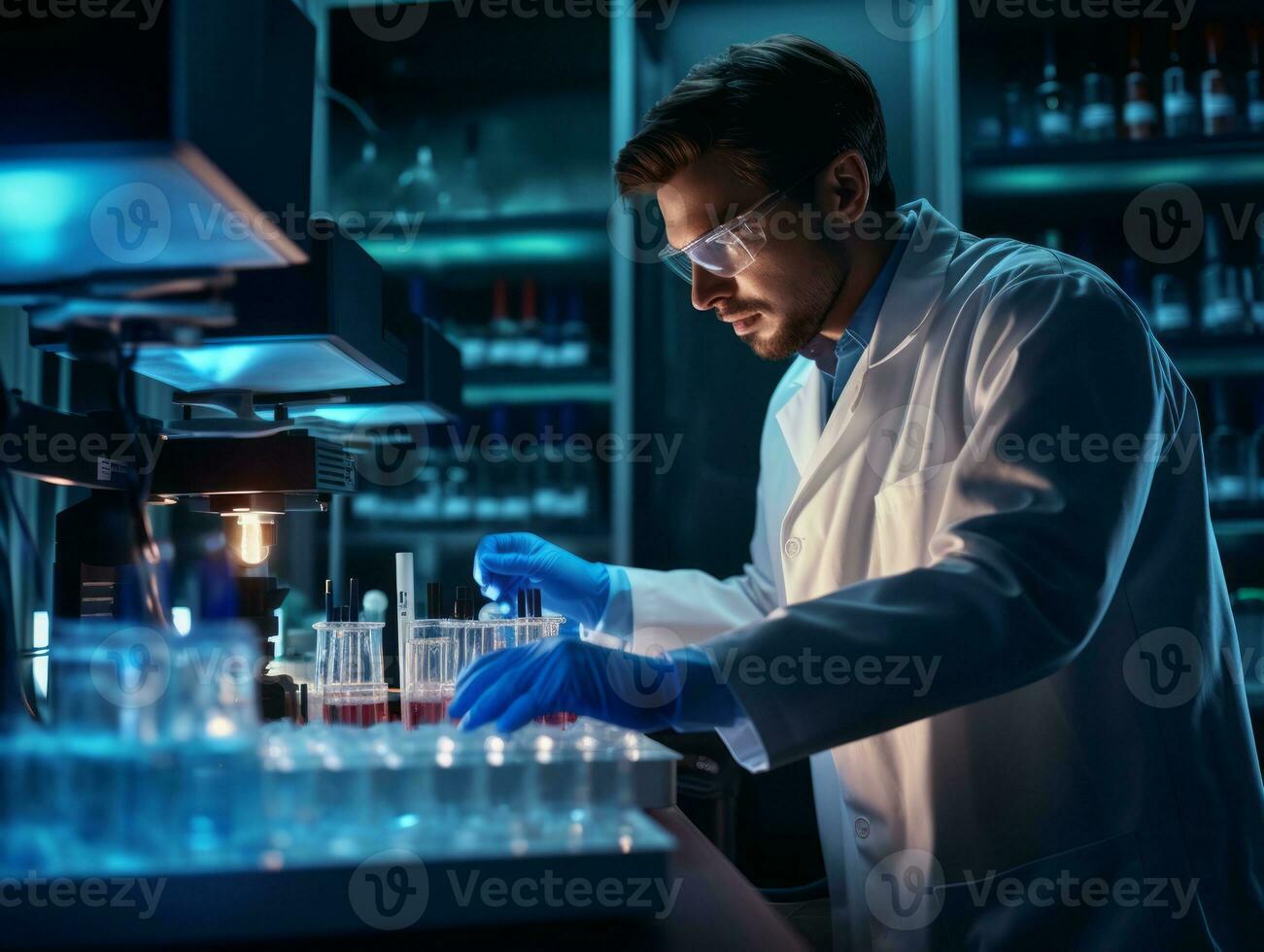 Male scientist conducting experiments in a high tech lab AI Generative photo