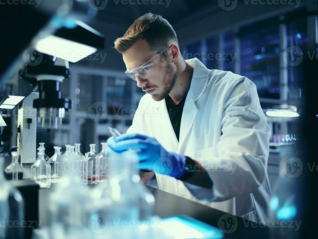Male scientist conducting experiments in a high tech lab AI Generative photo