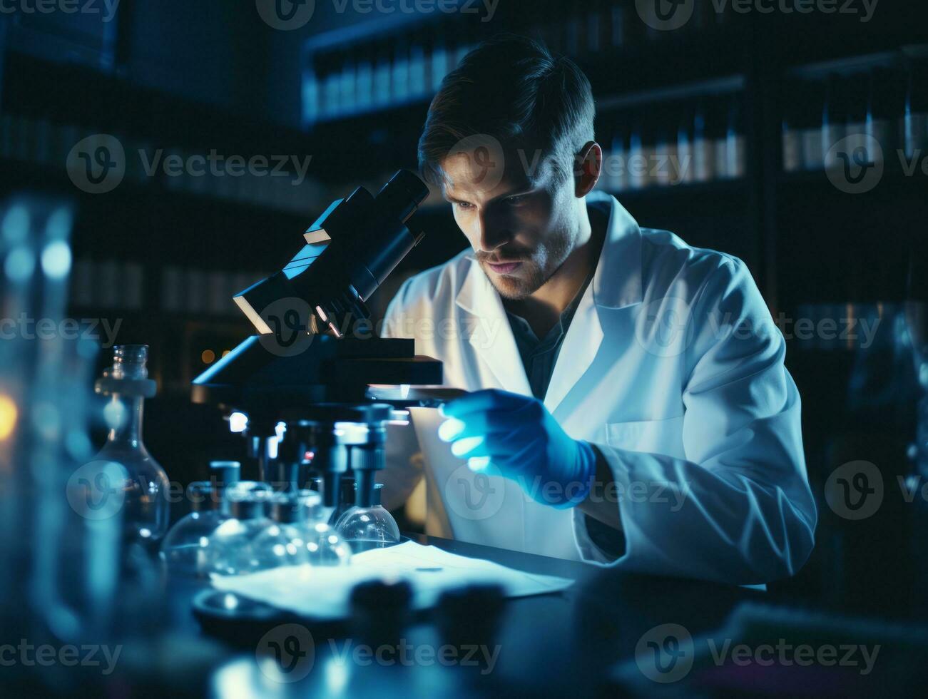 Male scientist conducting experiments in a high tech lab AI Generative photo