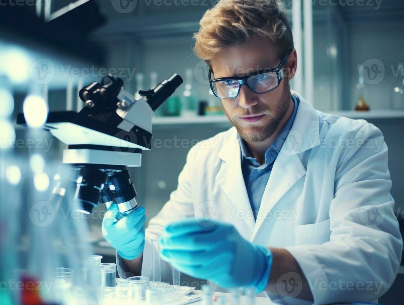 Male scientist conducting experiments in a high tech lab AI Generative photo