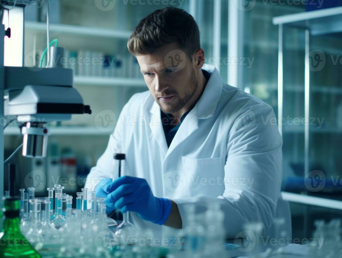 Male scientist conducting experiments in a high tech lab AI Generative photo