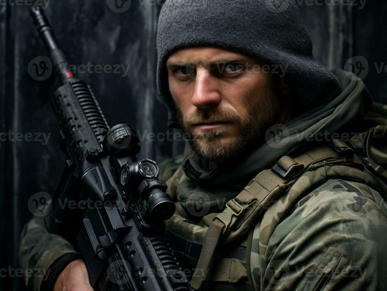 Man serves as a dedicated and fearless soldier AI Generative photo