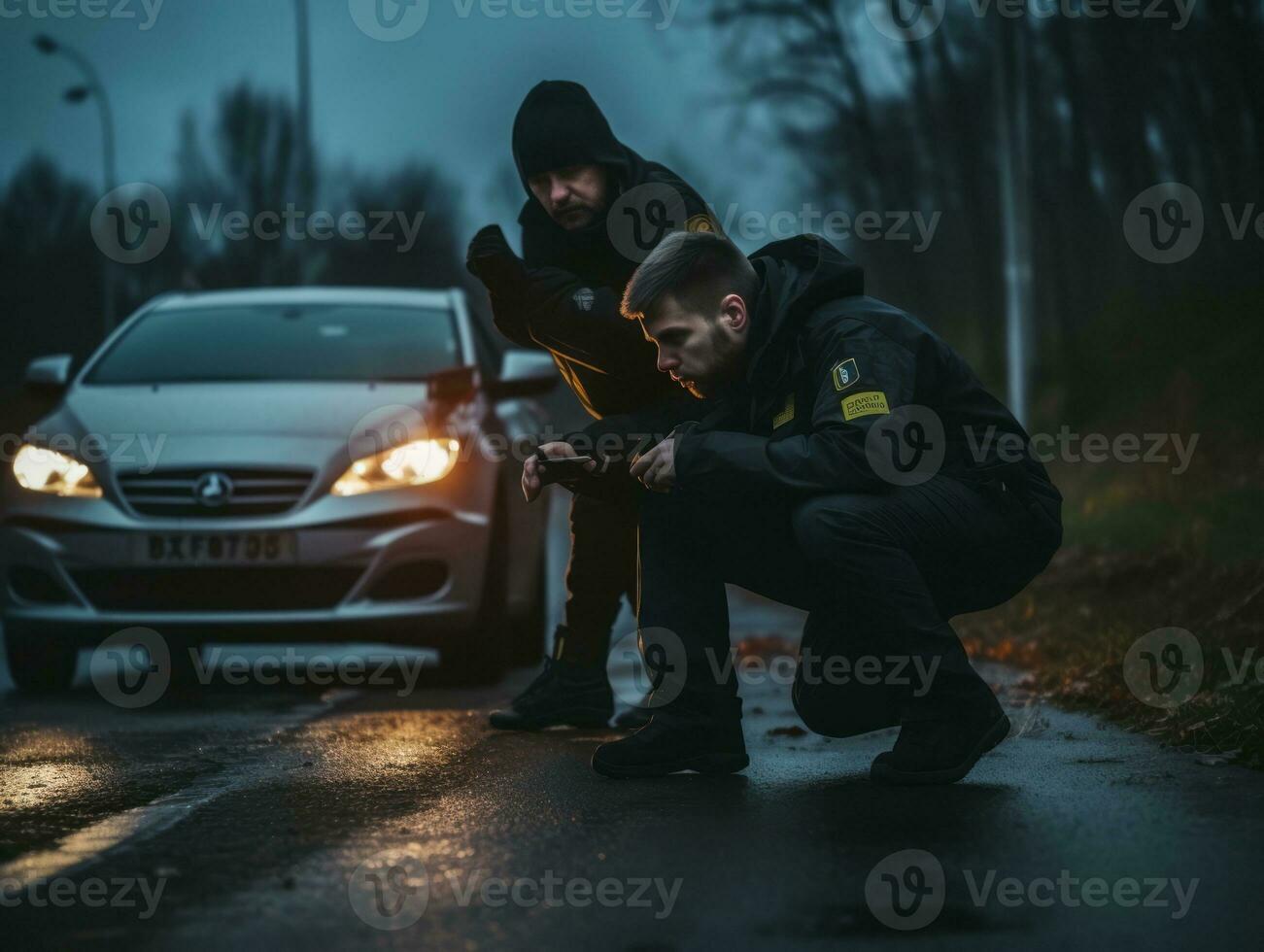 Policeman is meticulously examining the scene for evidence during his investigation AI Generative photo