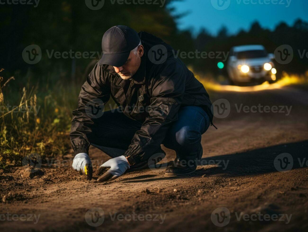 policía es meticulosamente examinando el escena para evidencia durante su investigación ai generativo foto