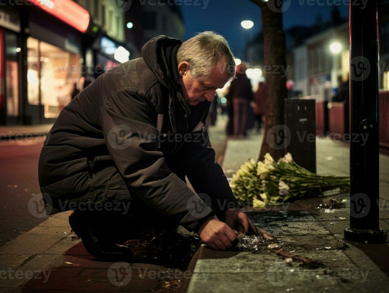 Policeman is meticulously examining the scene for evidence during his investigation AI Generative photo