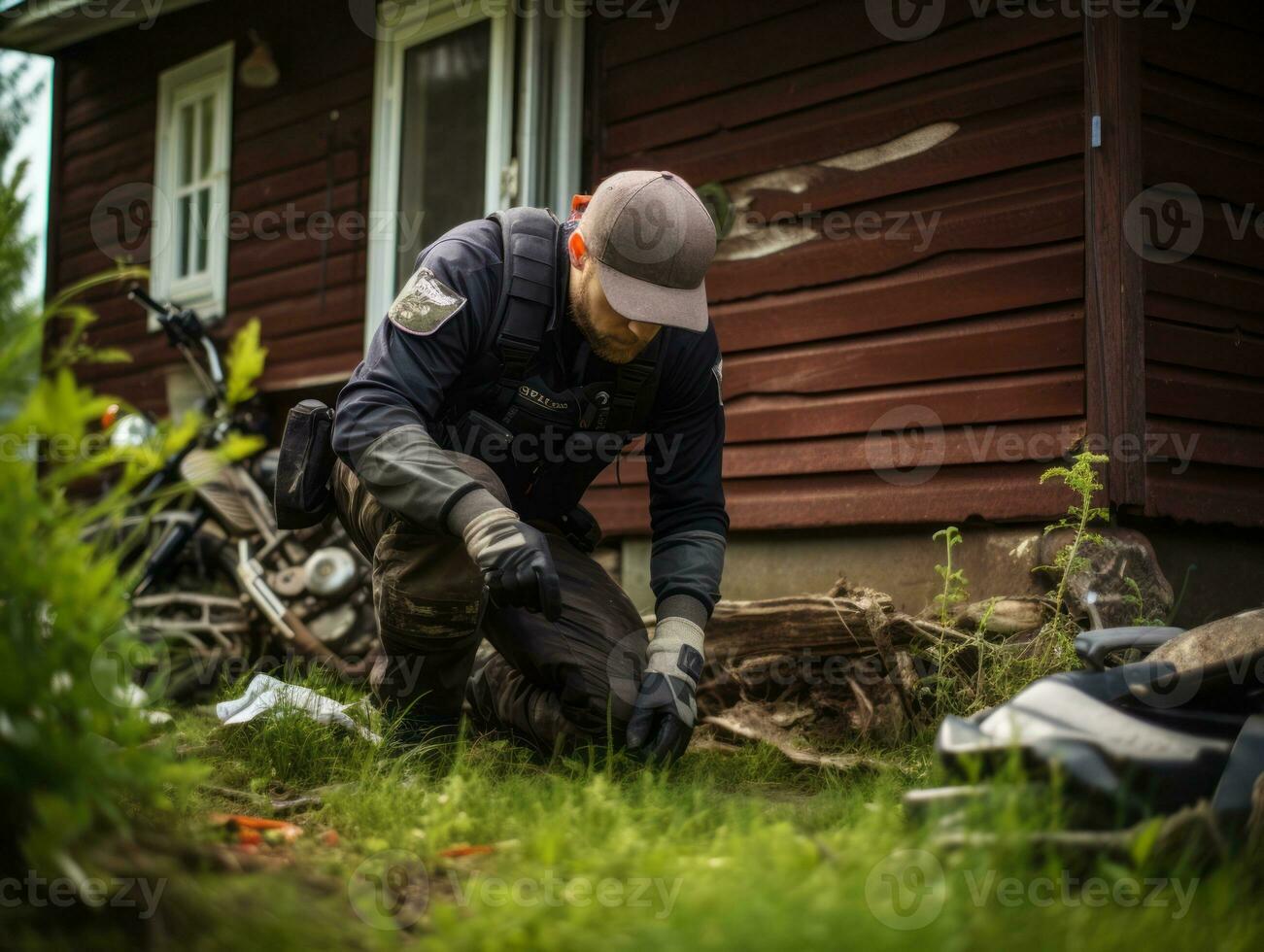 Policeman is meticulously examining the scene for evidence during his investigation AI Generative photo