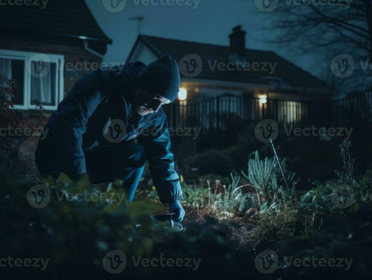 Policeman is meticulously examining the scene for evidence during his investigation AI Generative photo