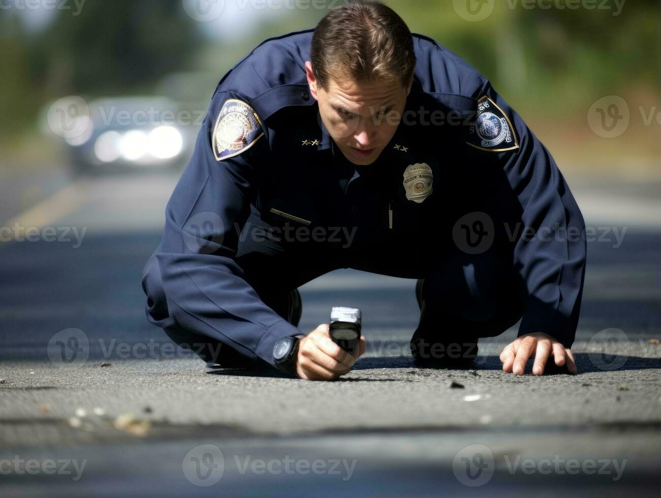 Policeman is meticulously examining the scene for evidence during his investigation AI Generative photo