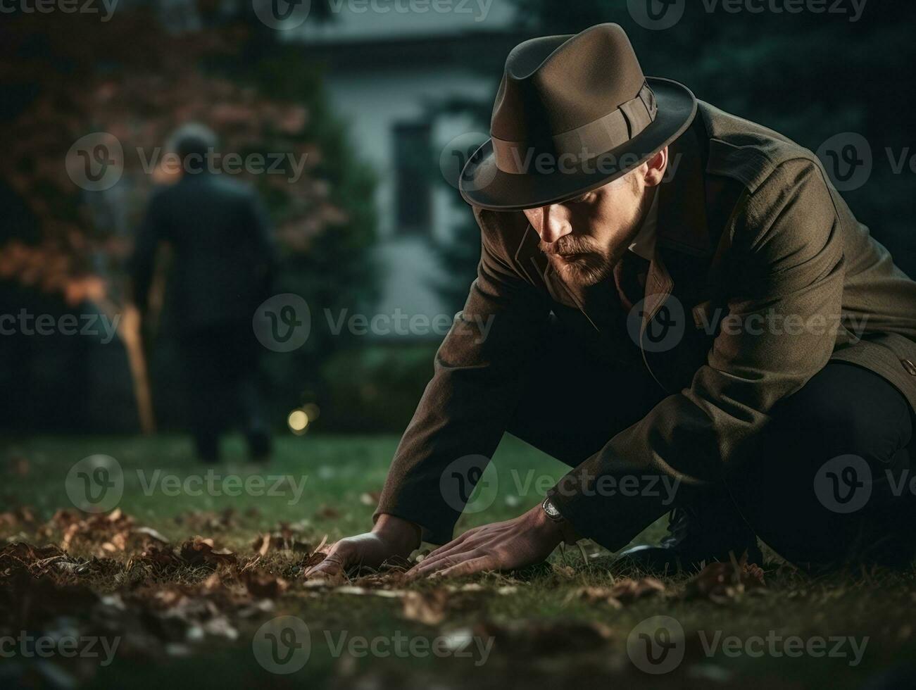 Policeman is meticulously examining the scene for evidence during his investigation AI Generative photo